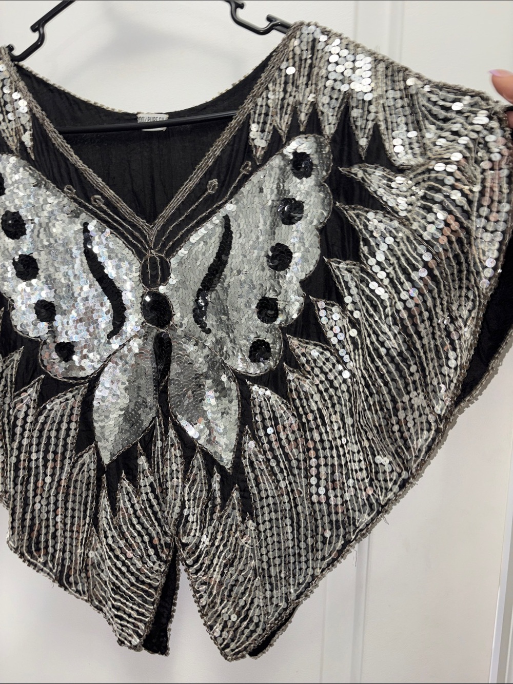 Vintage Silk Black Sheer Sequin Butterfly Poncho Top Beaded Batwing Festival - Picture 5 of 8